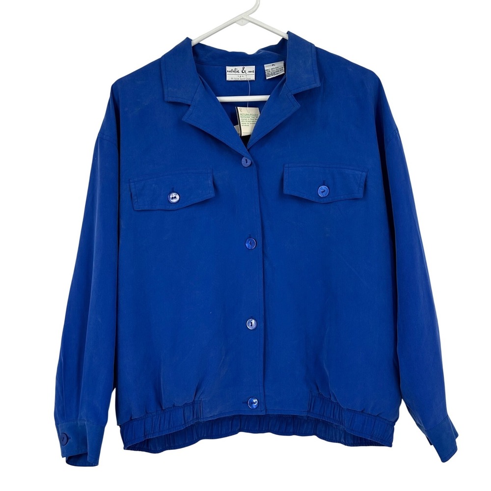 Natalie‎ & Me Vintage Blue 100% Silk Bomber Jacket Women Petite Large PL Pockets